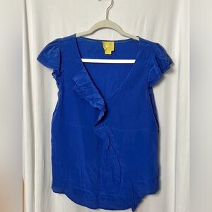 Maeve x Anthropologie Blue Silk Ruffled Wrap Blouse Size 10